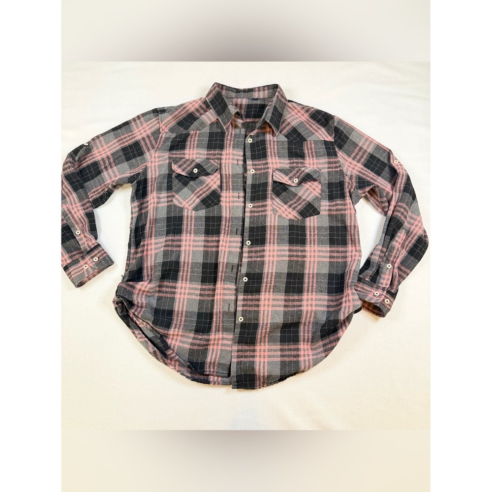 Pink and Grey Plaid Western Button Down Shirt 2XL Long Sleeve Roll Tab Pocket